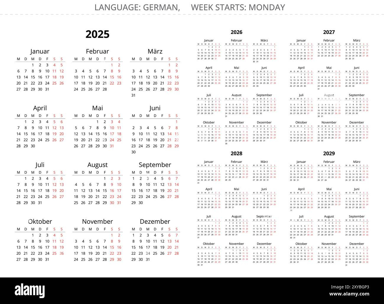 2025, 2026, 2027, 2028, 2029 Year Vertical German Calendars with 5 Year Calendar 2025 to 2029 Printable