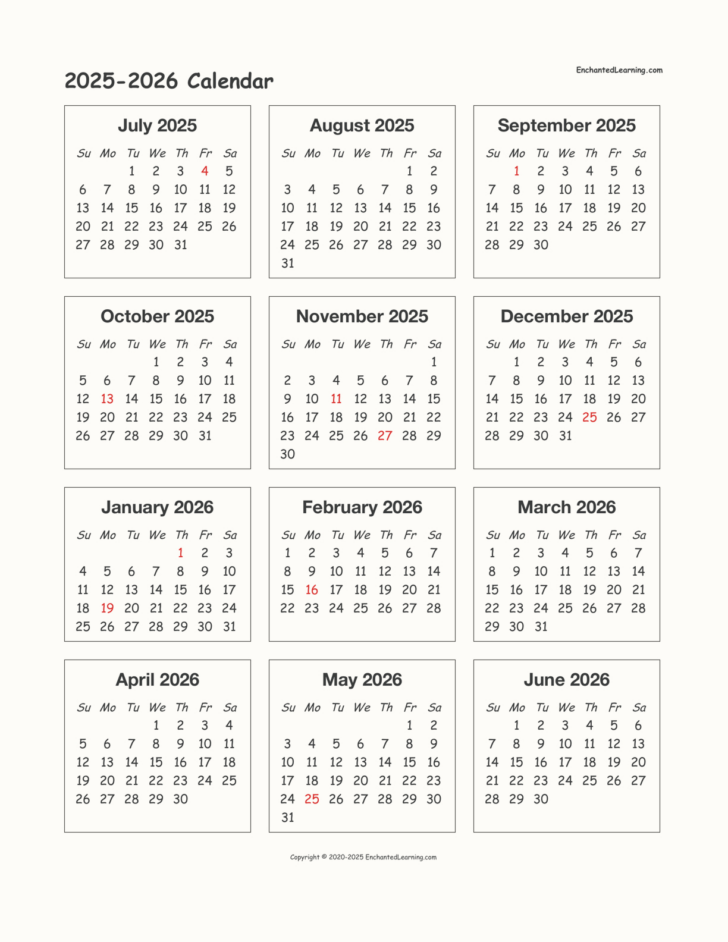 July 2025 and July 2026 Calendar Printable