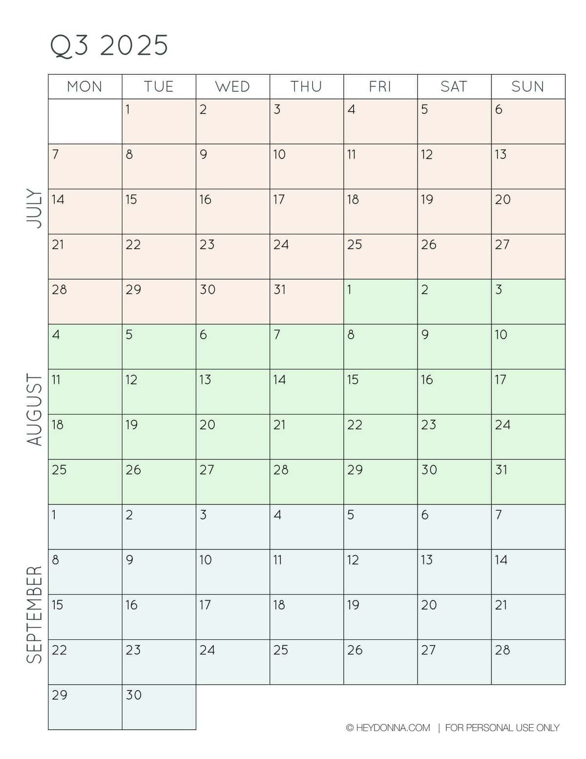 2025 3-Month Quarterly Calendar Printables - Free - Hey, Donna! throughout Printable Calendar 2025 3 Months Per Page