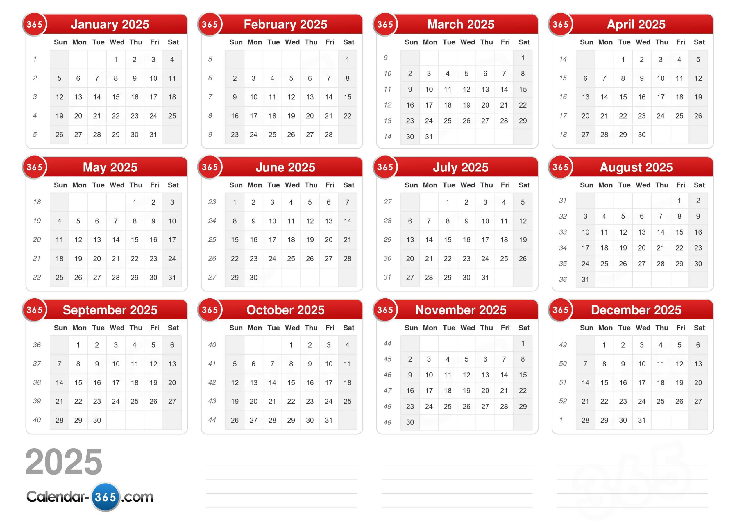2025 Calendar for Printable Calendar 2025 with Week Numbers
