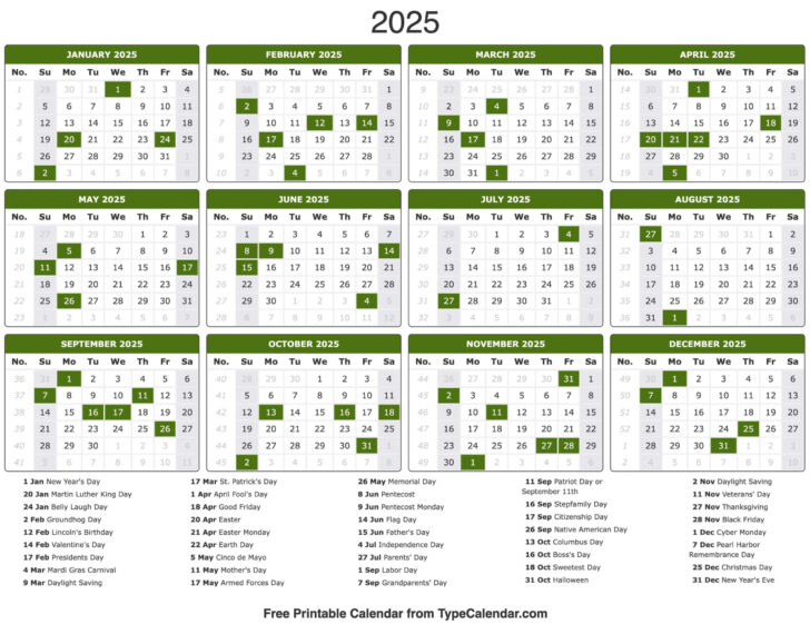 2025 Calendar with Holidays Printable Free