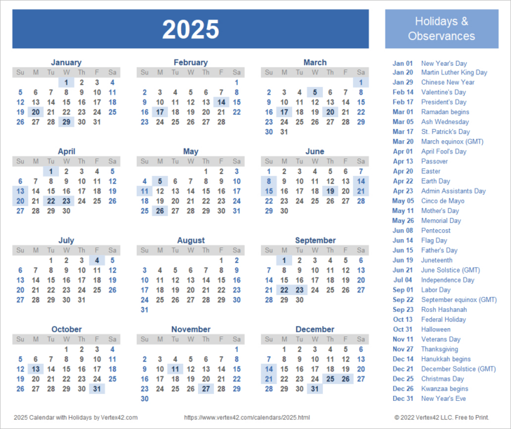 Printable Calendar 2025 with Holidays India