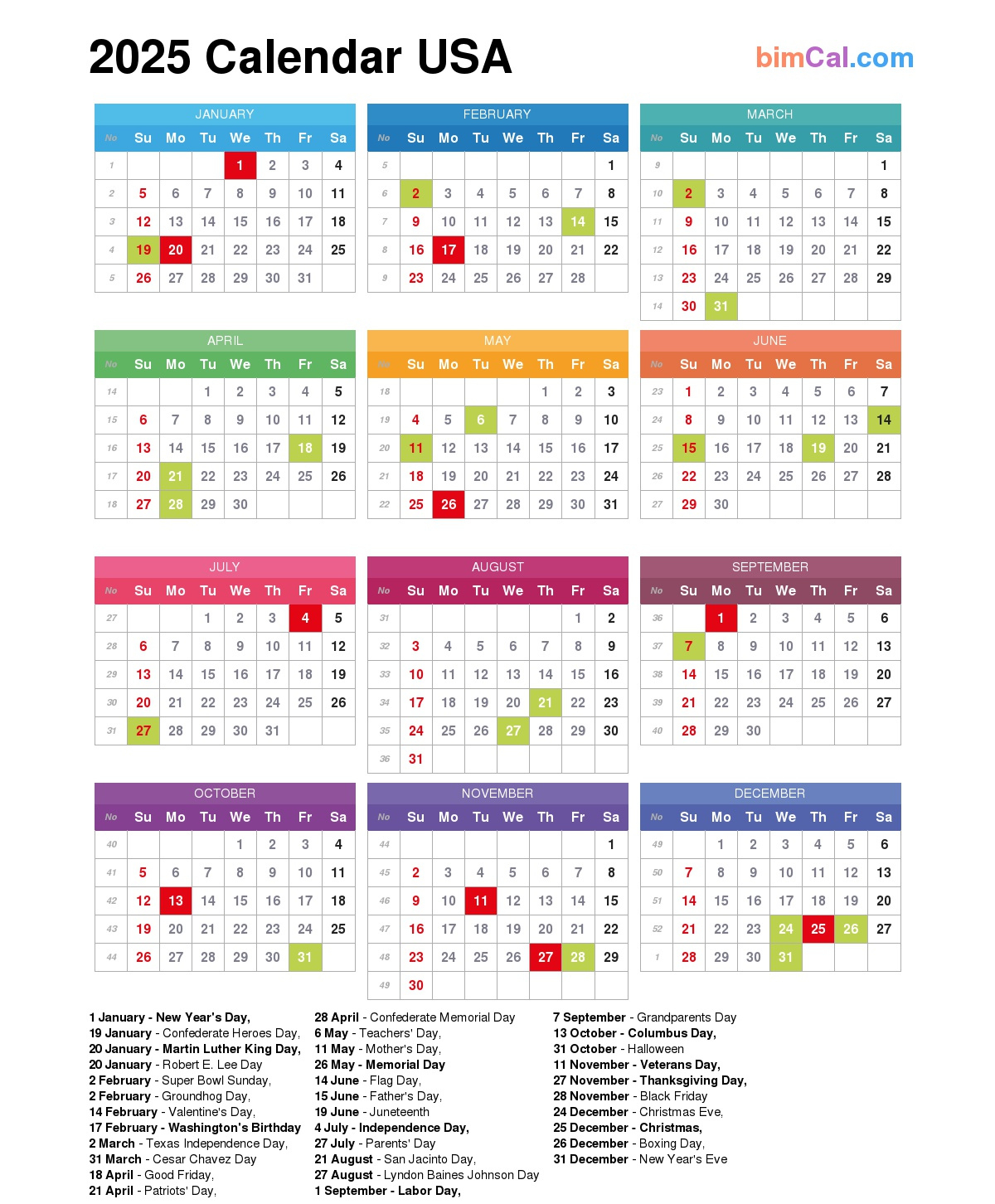 2025 Calendar Usa - Bimcal intended for Printable Calendar 2025 with Holidays Usa