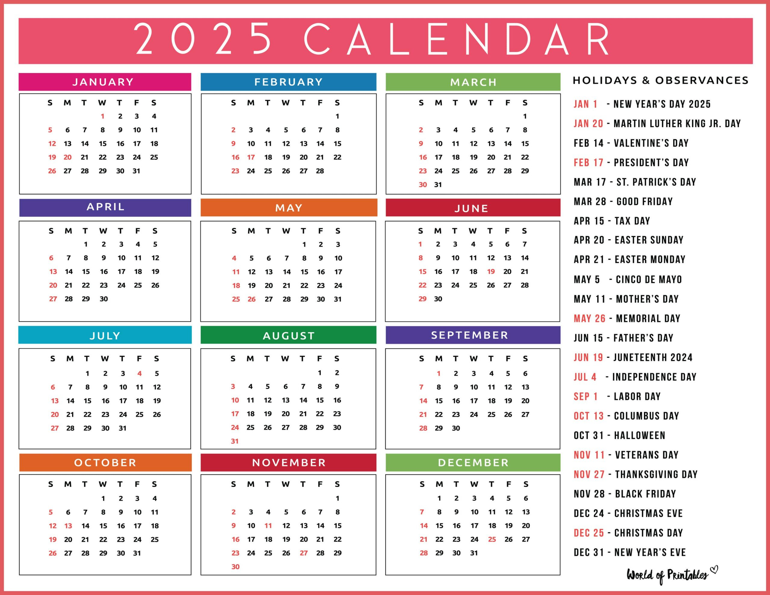 2025 Calendar With Holidays - Free Printables In 28 Unique Styles pertaining to 2025 Calendar With Holidays Printable