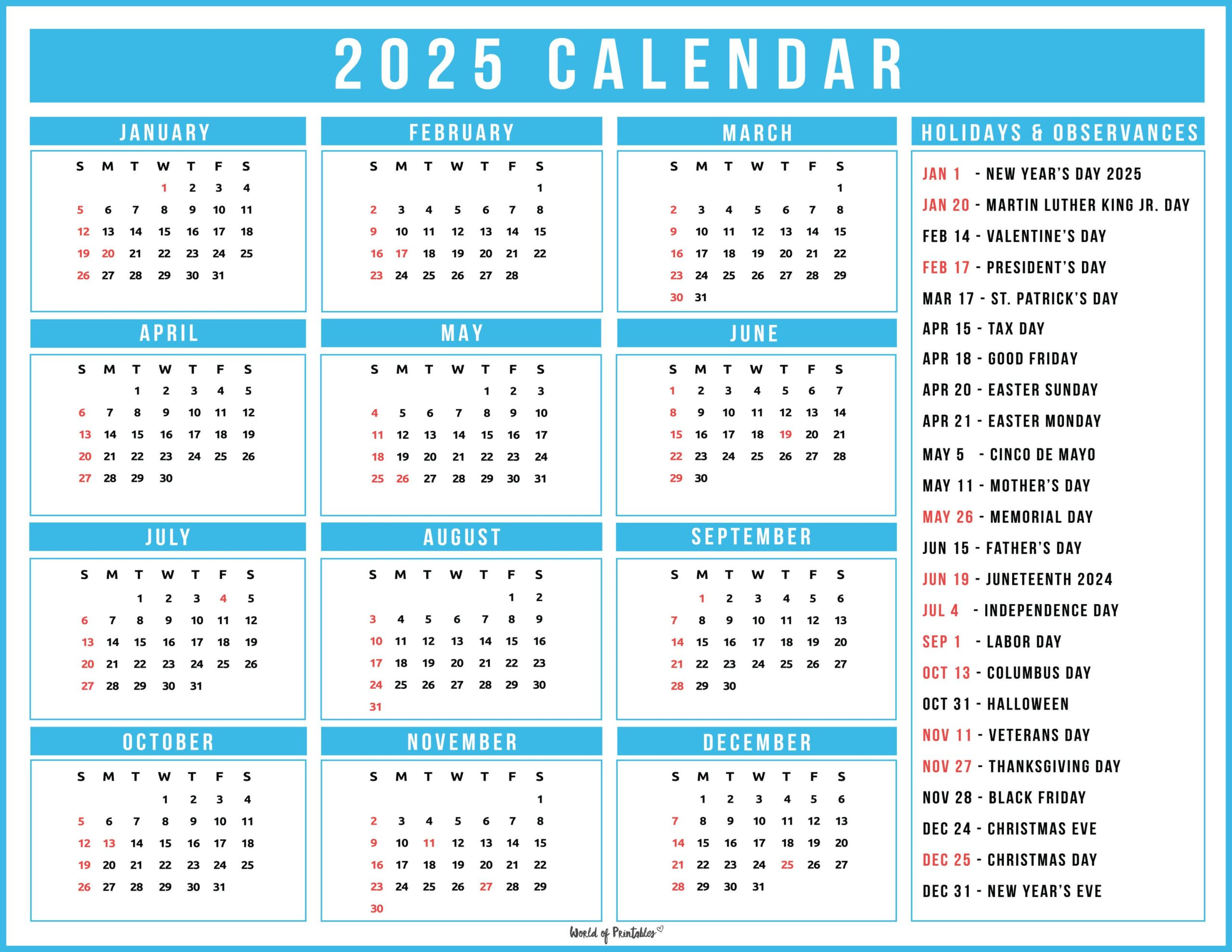2025 Calendar With Holidays - Free Printables In 28 Unique Styles throughout 2025 Calendar with Religious Holidays Printable
