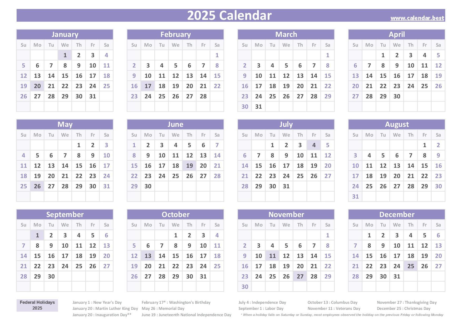2025 Calendar With Holidays (Us Federal Holidays) inside Printable Calendar 2025 with Holidays Usa