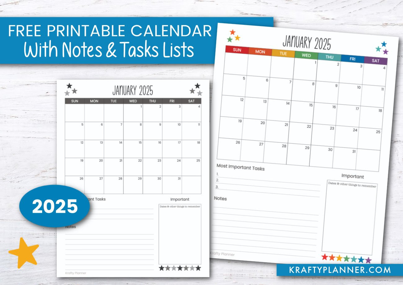 2025 Calendar With Notes And Task Lists — Krafty Planner in 2025 Calendar with Notes Printable