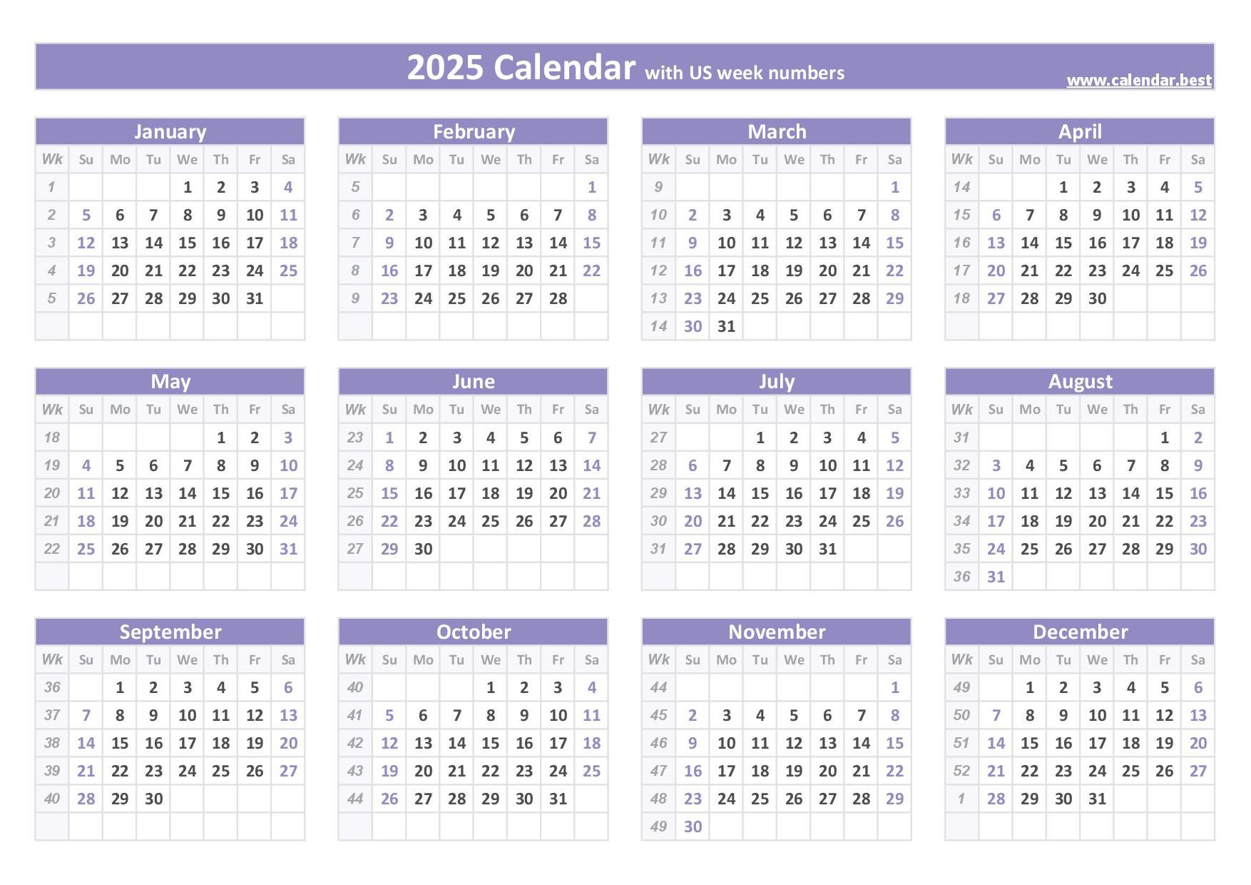 2025 Calendar With Week Numbers (Us And Iso Week Numbers) within Printable Calendar 2025 With Week Numbers