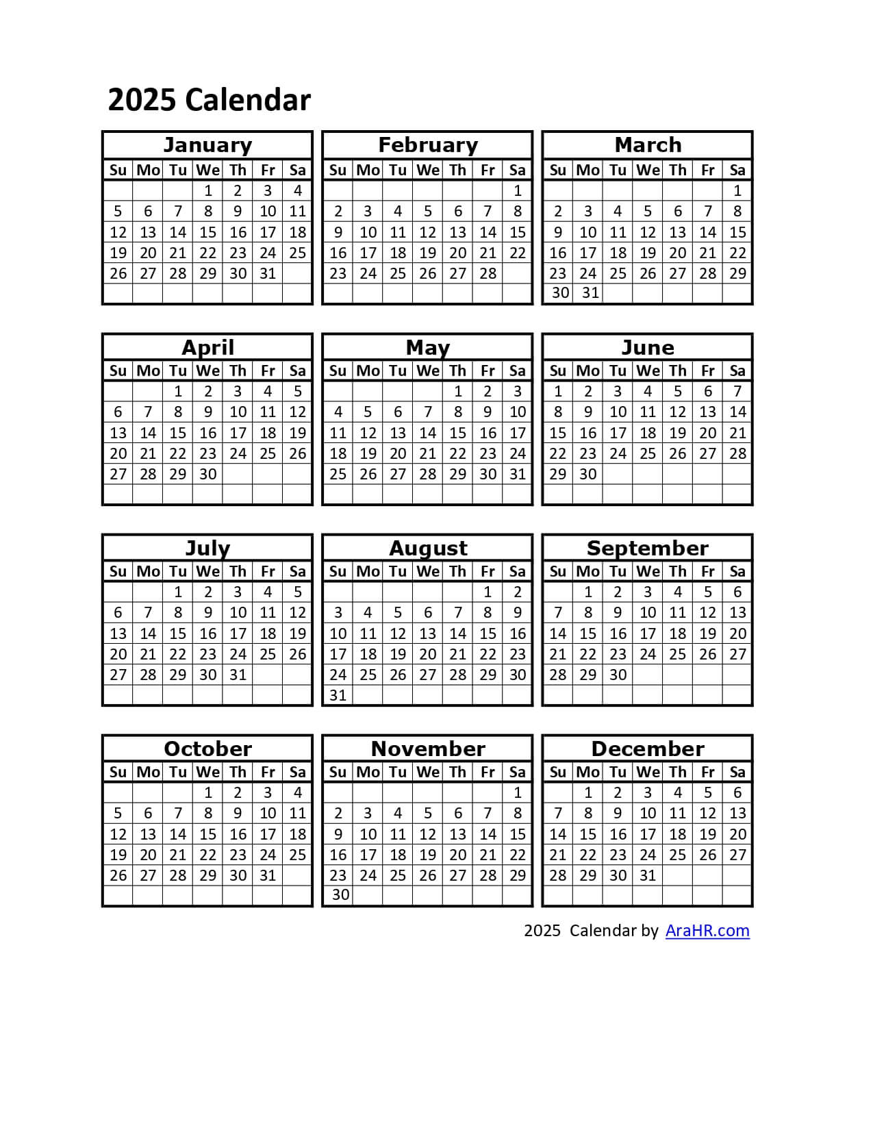 2025 Calendar - Yearly - Monthly - Free - Printable - Template in Printable Attendance Calendar 2025