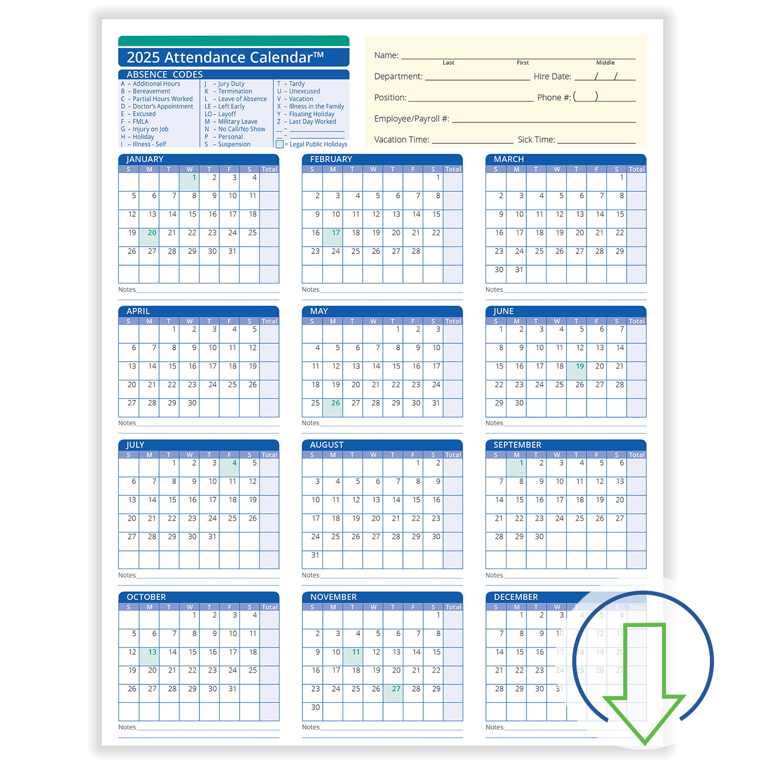 2025 Downloadable Employee Attendance Calendar | Hrdirect with Free Printable Attendance Calendar 2025