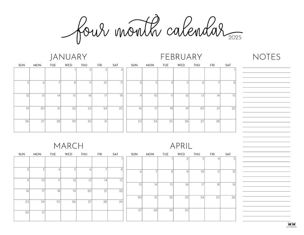 2025 Four Month Calendars - 31 Free Printables | Printabulls inside Printable Calendar Jan Feb July 2025
