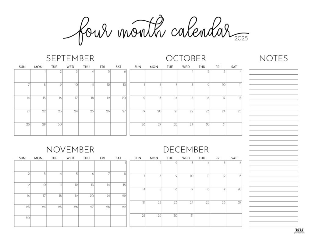 2025 Four Month Calendars - 31 Free Printables | Printabulls intended for Free Printable Calendar 2025 4 Months Per Page