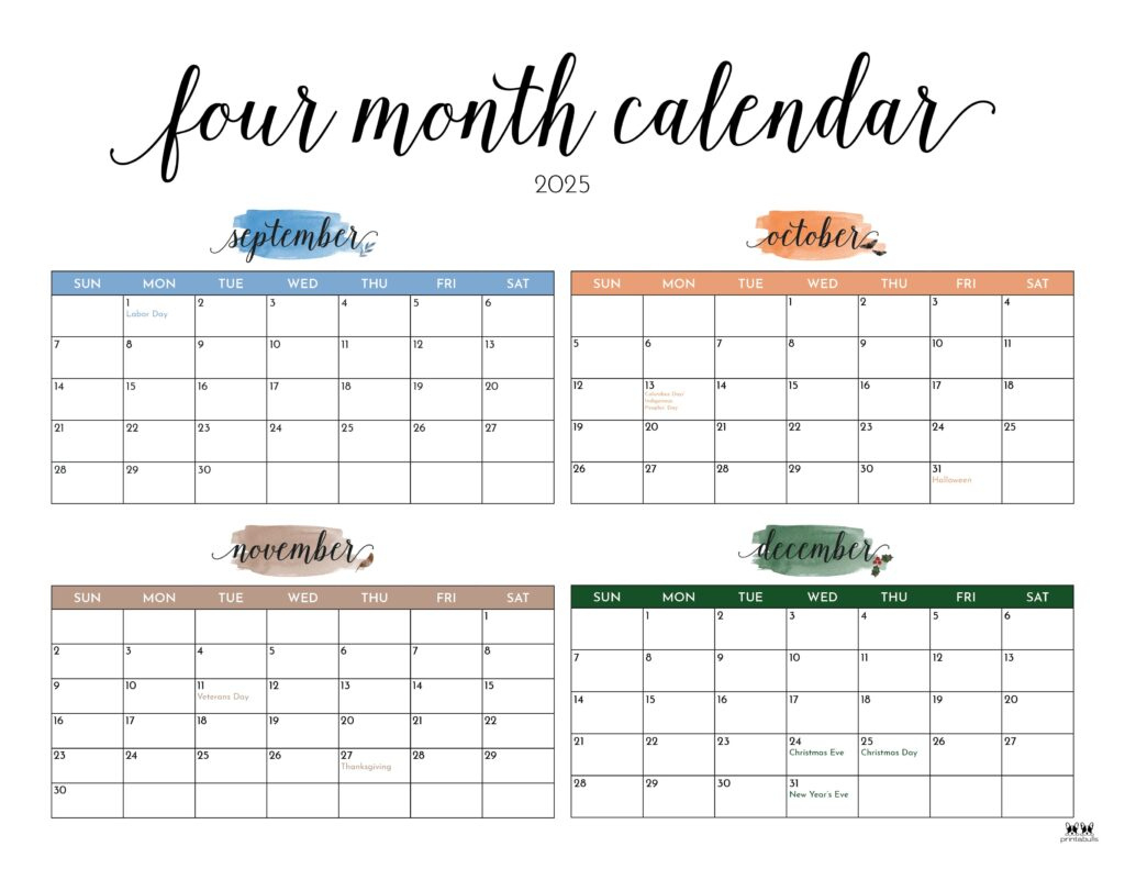 2025 Four Month Calendars - 31 Free Printables | Printabulls throughout Free Printable Calendar 2025 4 Months Per Page