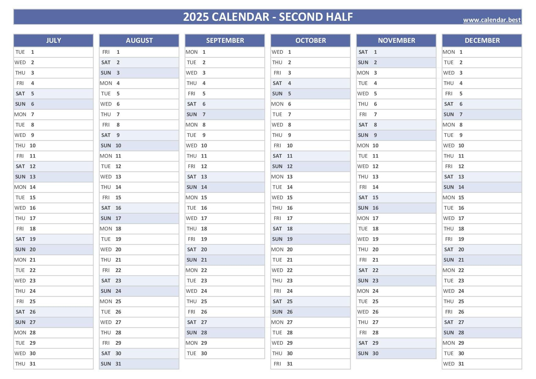 2025 Half Year Calendar To Print with Free Printable Calendar 2025 General Blue