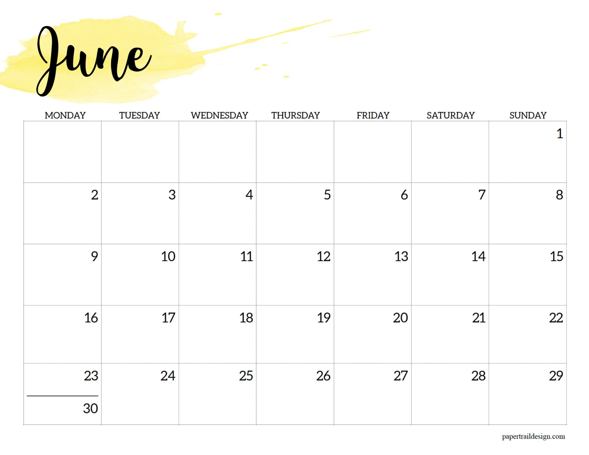 2025 Monday Start Calendar Printable - Watercolor - Paper Trail Design for June Printable Calendar 2025 Monday Start