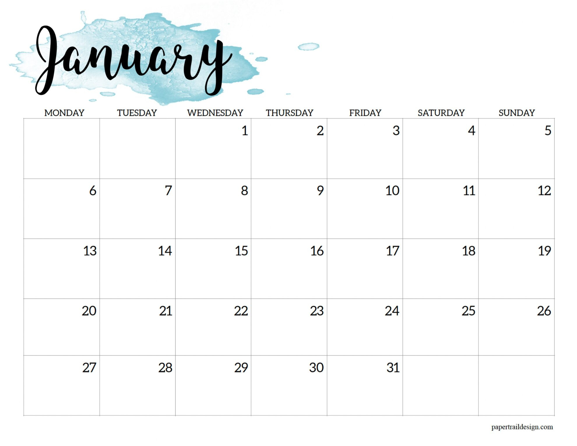 2025 Monday Start Calendar Printable - Watercolor - Paper Trail Design with Printable 2025 Calendar Monday Start
