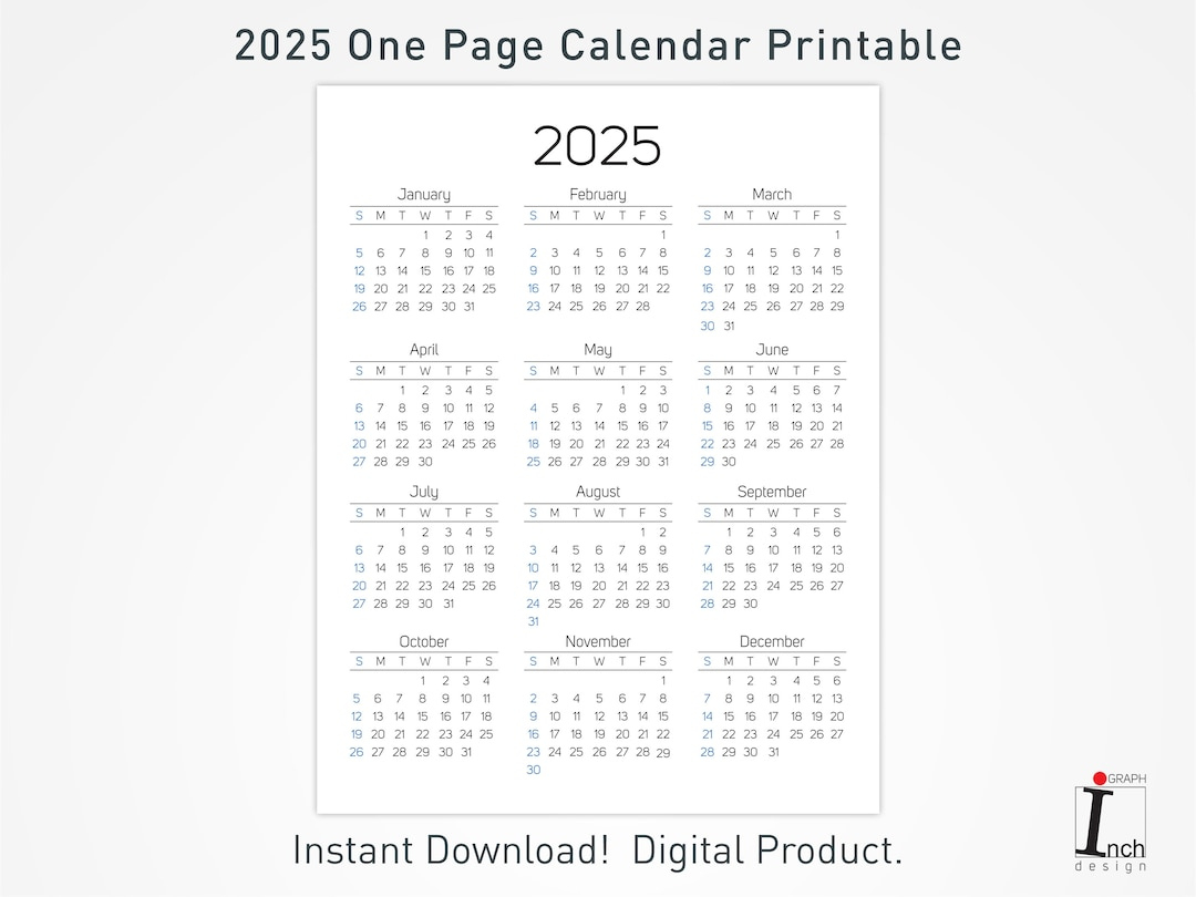 2025 Printable Calendar, 12 Months One Page Calendar, Wall for Printable Calendar 2025 12 Month