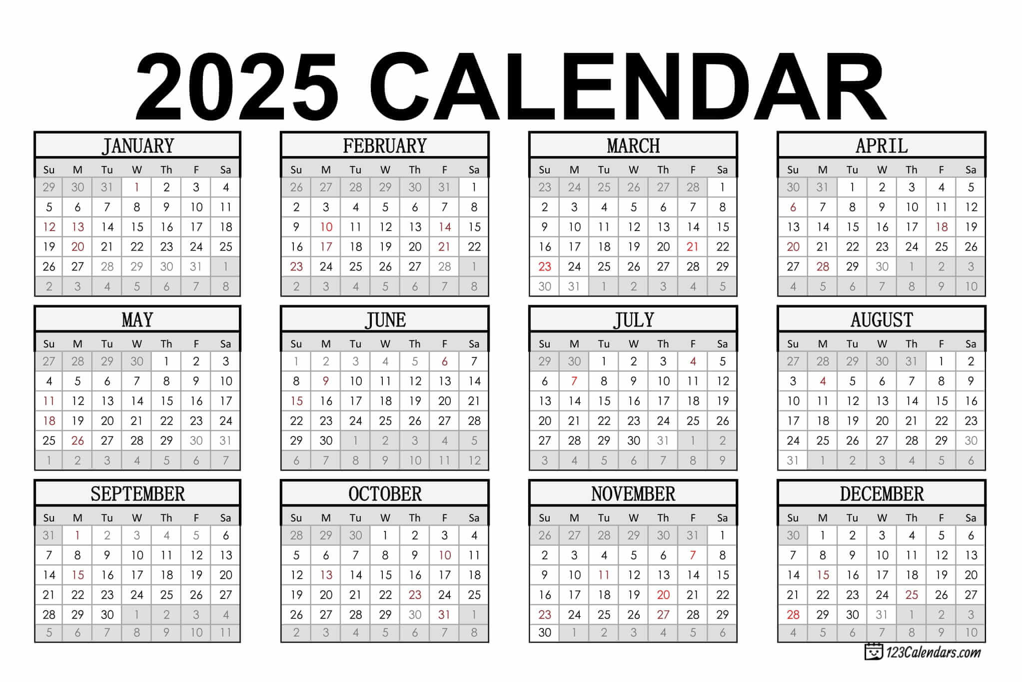 2025 Printable Calendar | 123Calendars inside Free Printable Calendar 2025 Time And Date