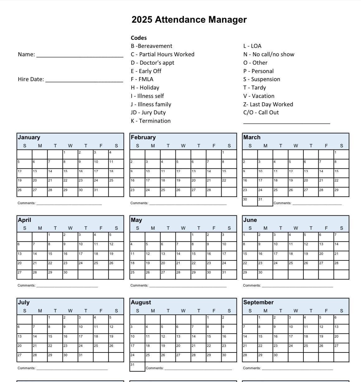 2025 Printable Calendar For Employee Attendance, School Pto regarding Printable Attendance Calendar 2025