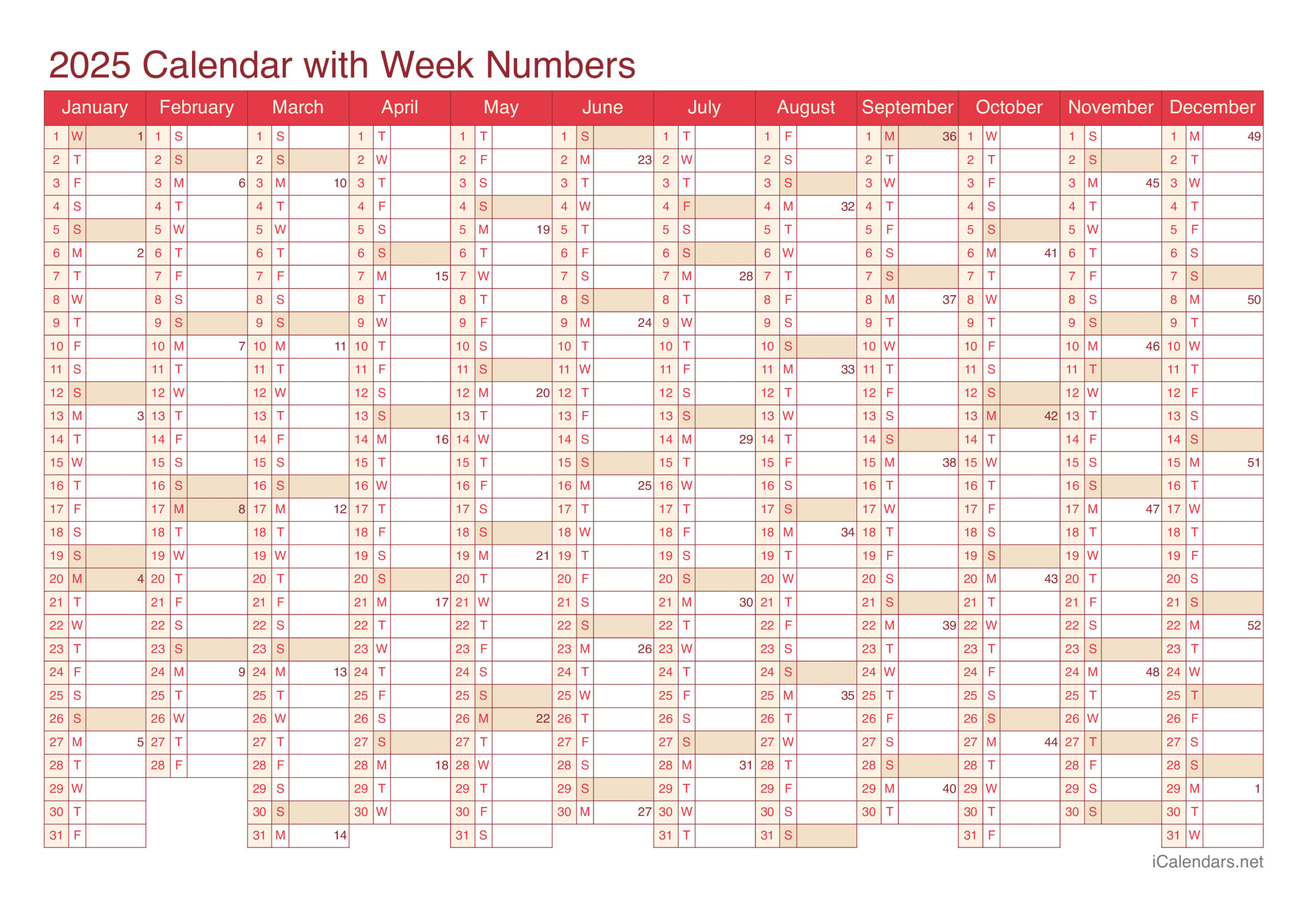 2025 Printable Calendar - Pdf Or Excel pertaining to 2025 Week Number Calendar Printable