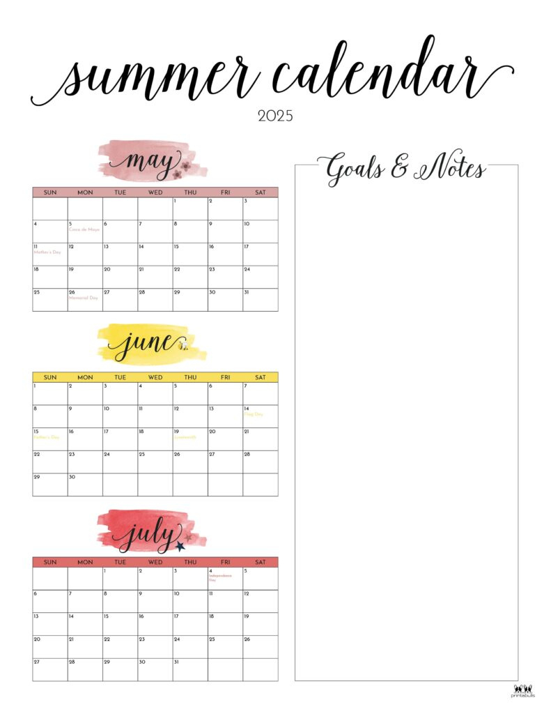 2025 Summer Calendars - 27 Free Printables | Printabulls in 2025 Summer Calendar Printable
