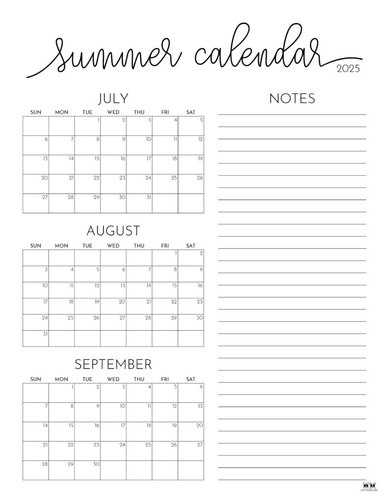 2025 Summer Calendars - 27 Free Printables | Printabulls intended for July July August 2025 Calendar Printable