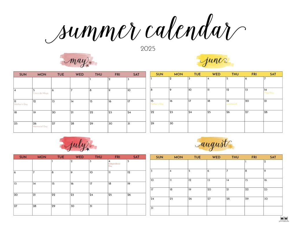 2025 Summer Calendars - 27 Free Printables | Printabulls pertaining to Printable Calendar 2025 May June July
