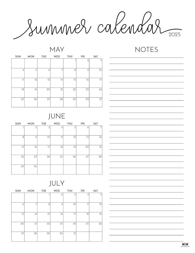 2025 Summer Calendars - 27 Free Printables | Printabulls with 2025 Summer Calendar Printable