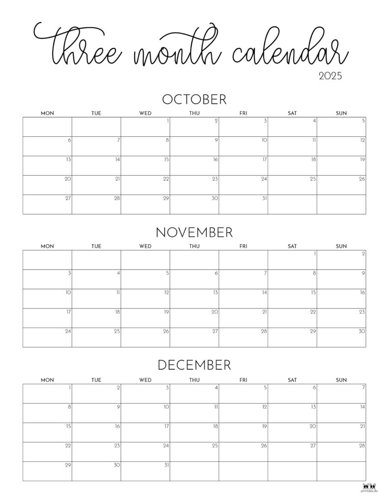 2025 Three Month/Quarterly Calendars - 36 Free Cals | Printabulls for Printable Calendar 2025 3 Months Per Page