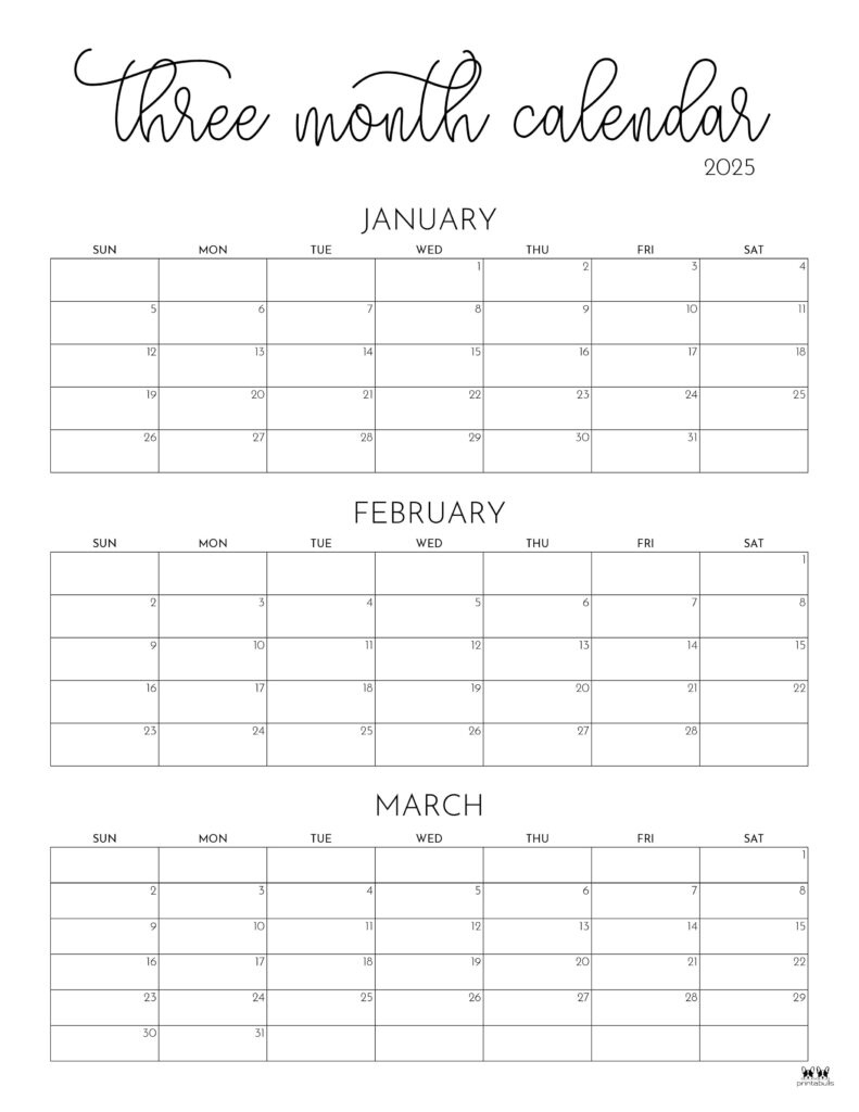 2025 Three Month/Quarterly Calendars - 36 Free Cals | Printabulls intended for 3 Month Calendar 2025 Printable Free