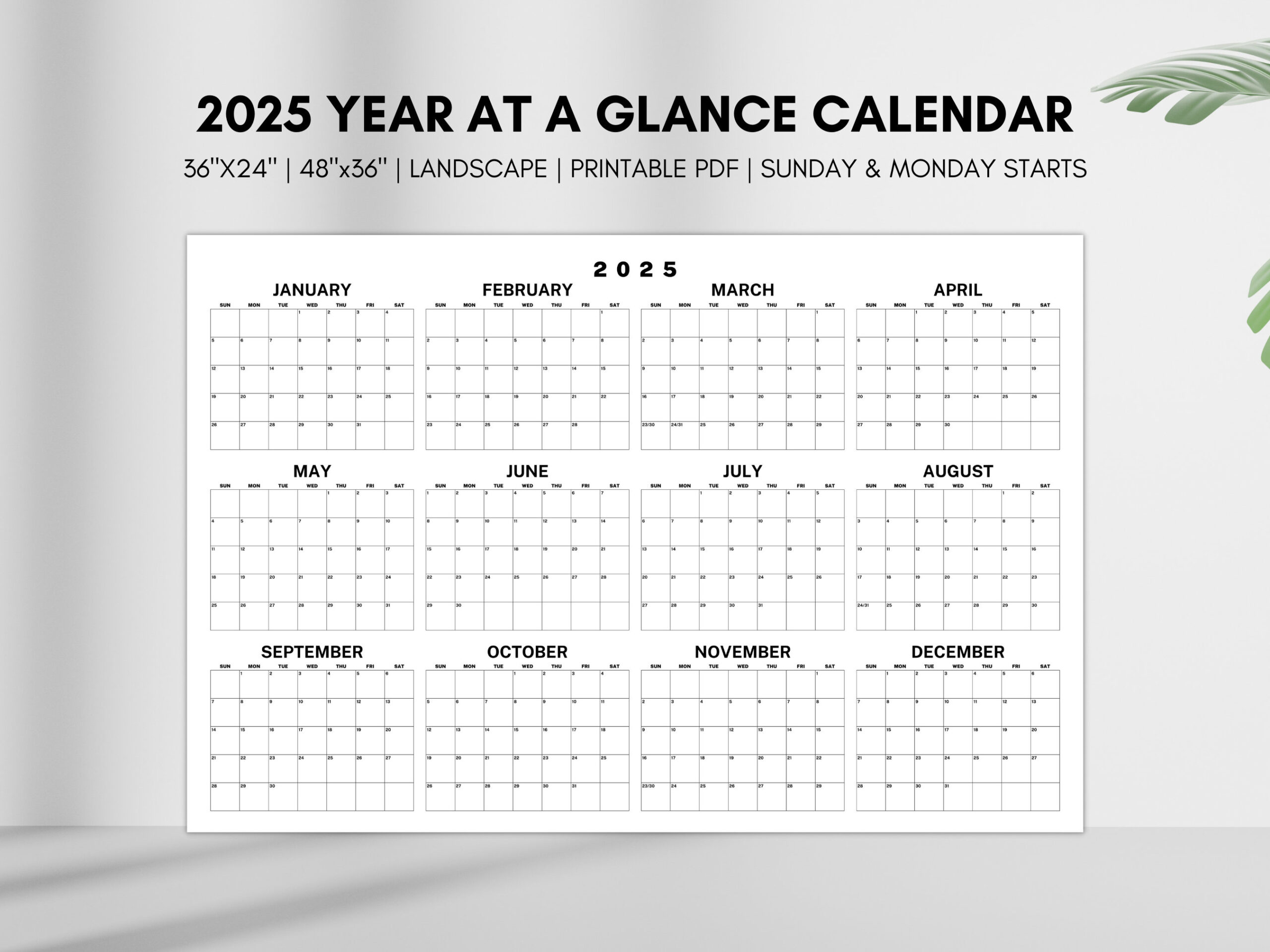 2025 Year At A Glance Calendar, Large Horizontal 2025 Calendar pertaining to Printable 2025 Calendar with Boxes