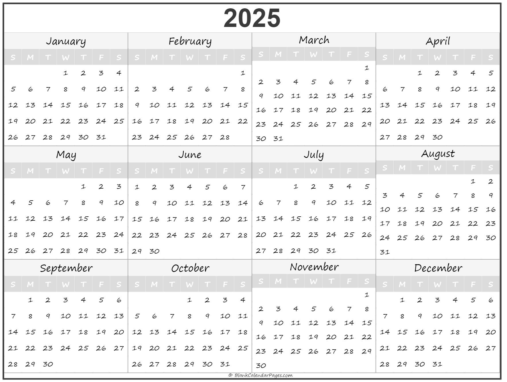 2025 Year Calendar | Yearly Printable throughout Full Year Calendar 2025 Free Printable