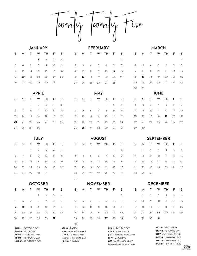 2025 Yearly Calendars - 29 Free Printables | Printabulls in 2025 Yearly Calendar Printable One Page
