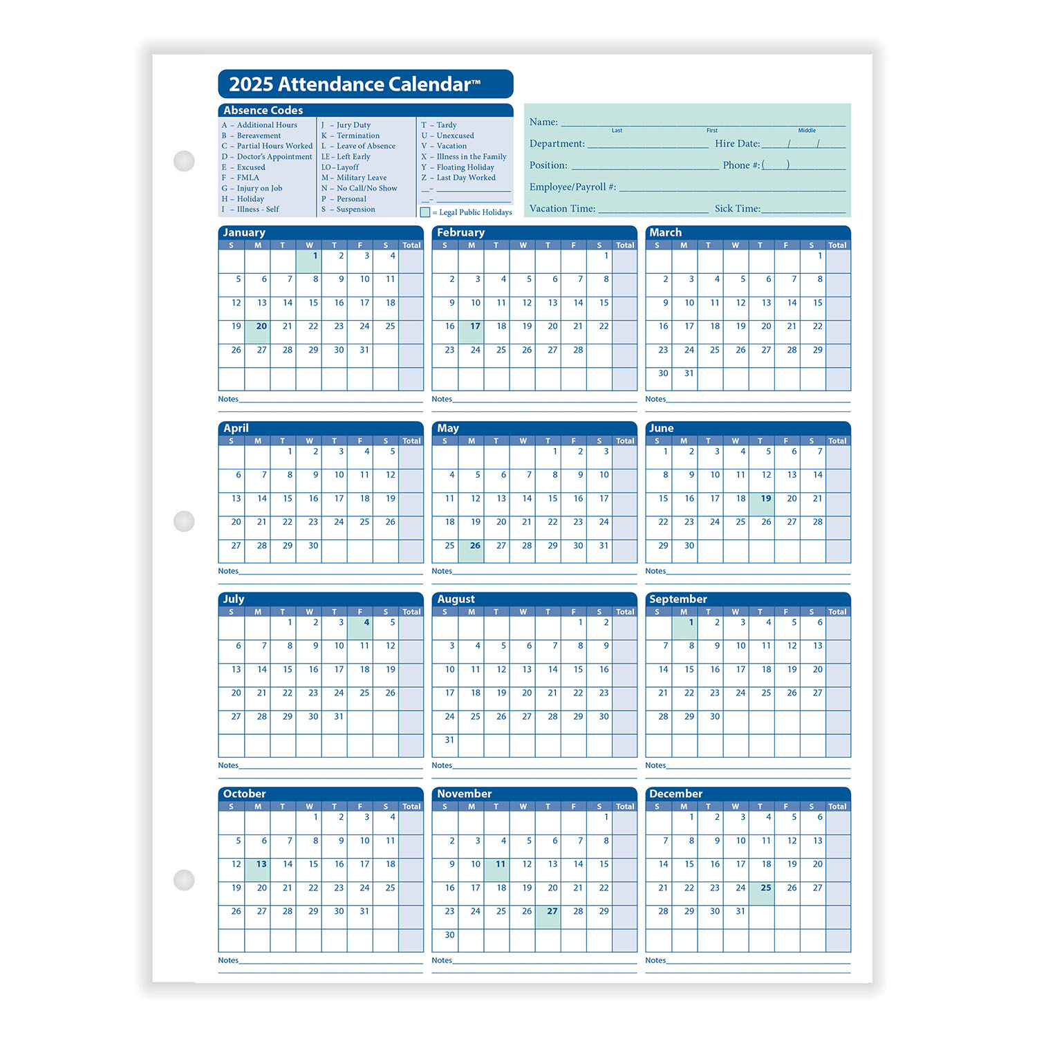 2025 Yearly Employee Attendance Calendar | Yearly Calendar | Hrdirect with regard to Printable Attendance Calendar 2025