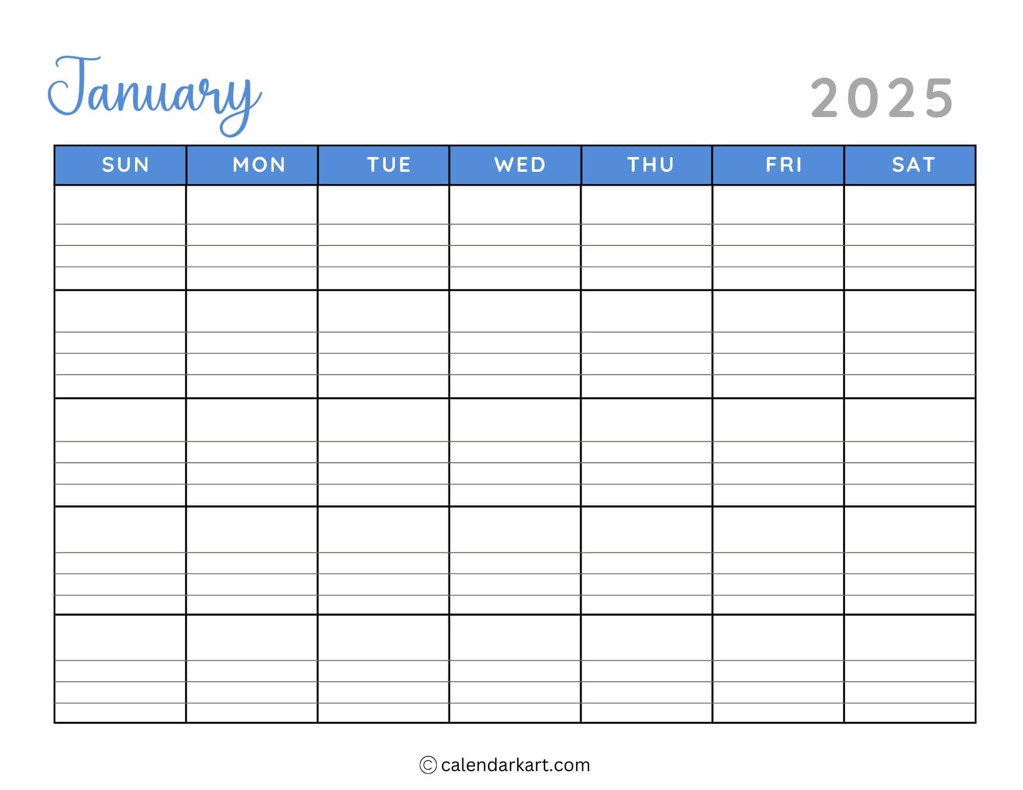 40+ Printable January 2025 Calendars | Free Pdf | Calendarkart in Printable Calendar 2025 with Lines