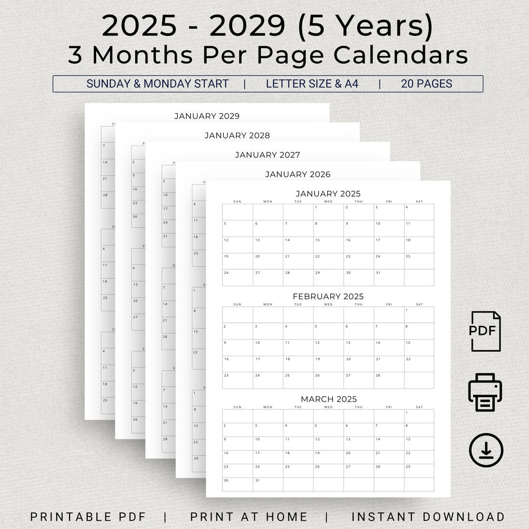 5 Jahre Kalender 2025 Bis 2029 Druckbarer 3 Monate Pro Seite Kalender Vierteljahreskalender 2025 2026 2027 2028 2029 Minimalplaner Monatsplaner Pdf - within 5 Year Calendar 2025 To 2029 Printable