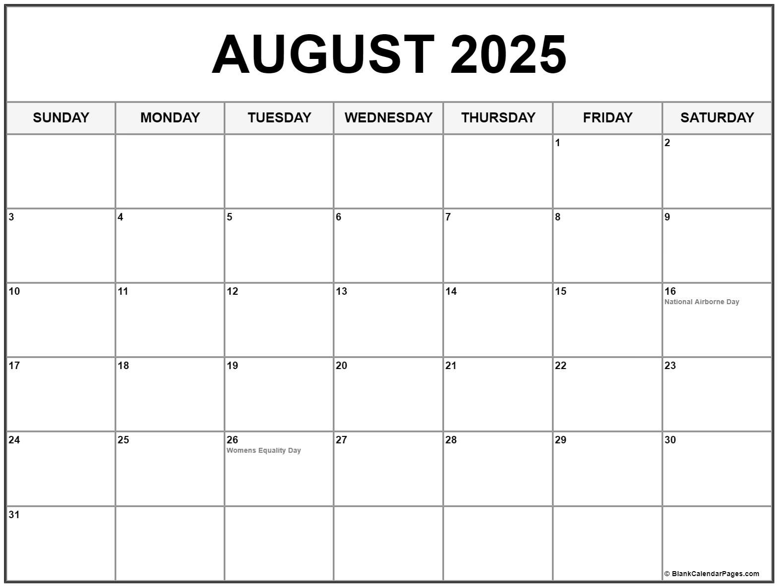August 2025 With Holidays Calendar throughout August 2025 Printable Calendar with Holidays
