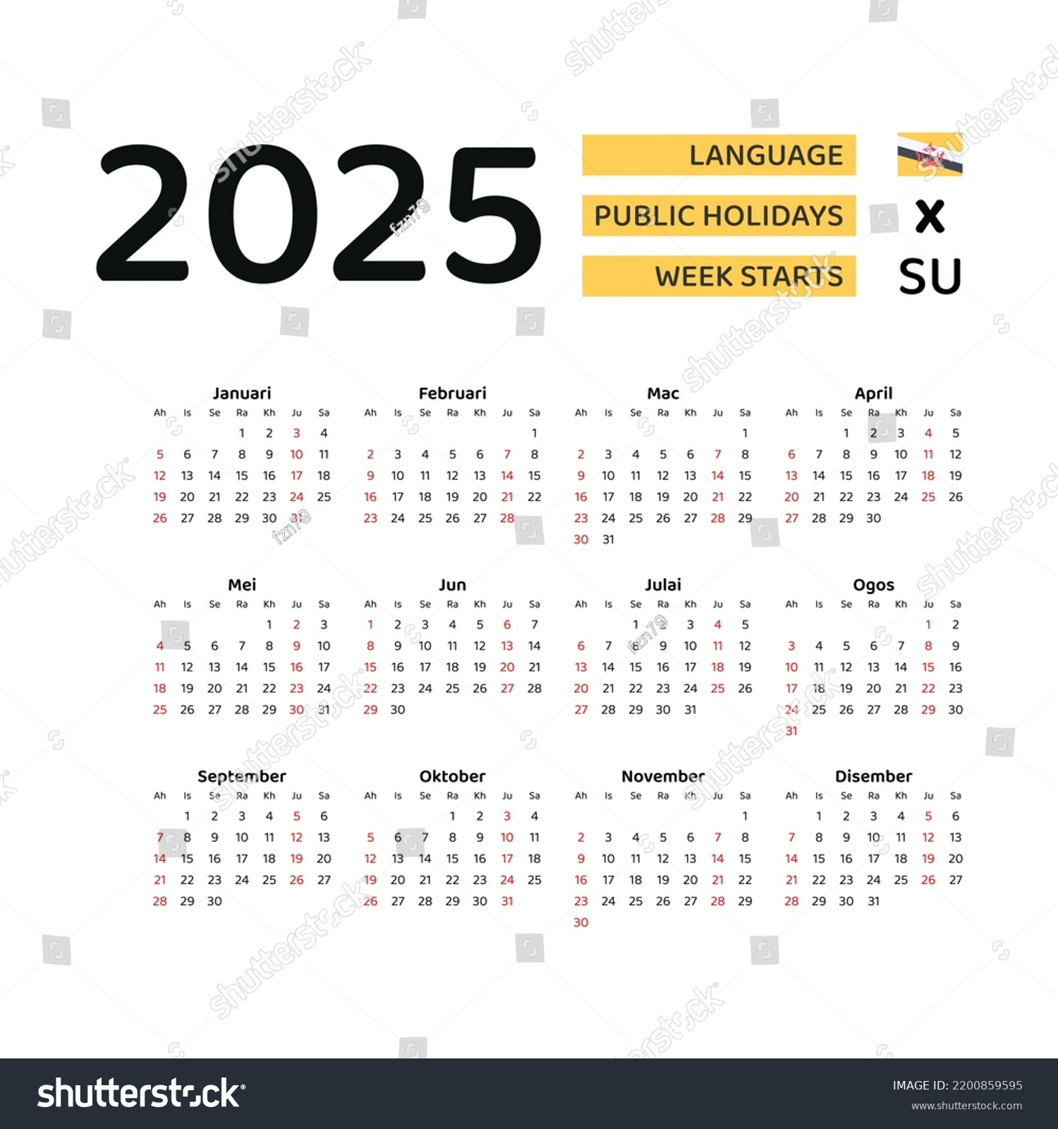 Brunei Darussalam Calendar 2025 Week Starts Stock Vector (Royalty within Printable Calendar 2025 Brunei