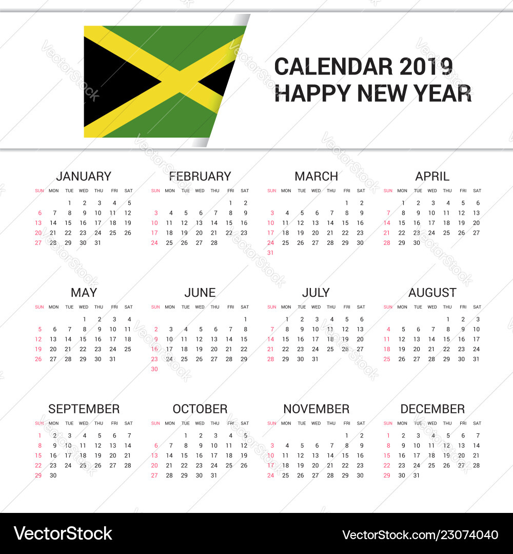 Calendar 2019 Jamaica Flag Background English Vector Image in Printable Calendar 2025 Jamaica