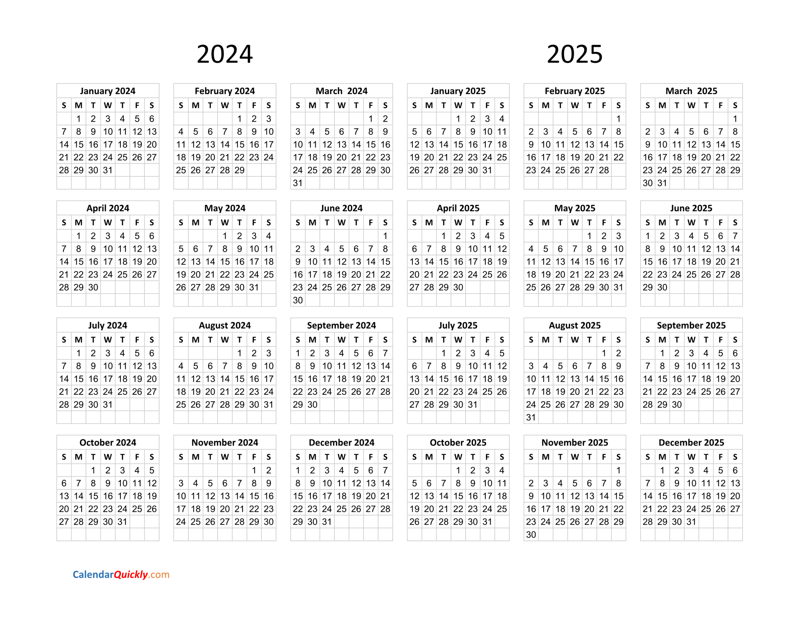 Calendar 2024 And 2025 On One Page | Calendar Quickly inside Two Year Calendar 2024 and 2025 Printable