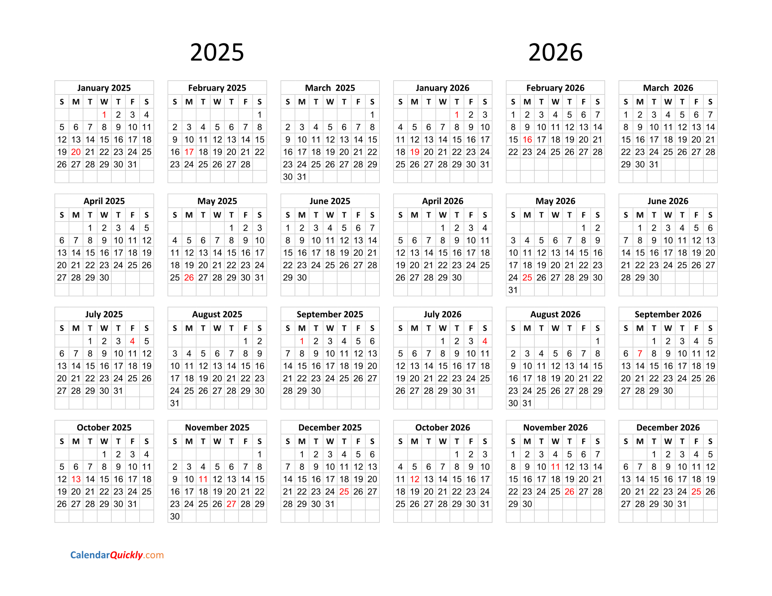 Calendar 2025 And 2026 On One Page | Calendar Quickly within Printable Calendar 2025 to 2026