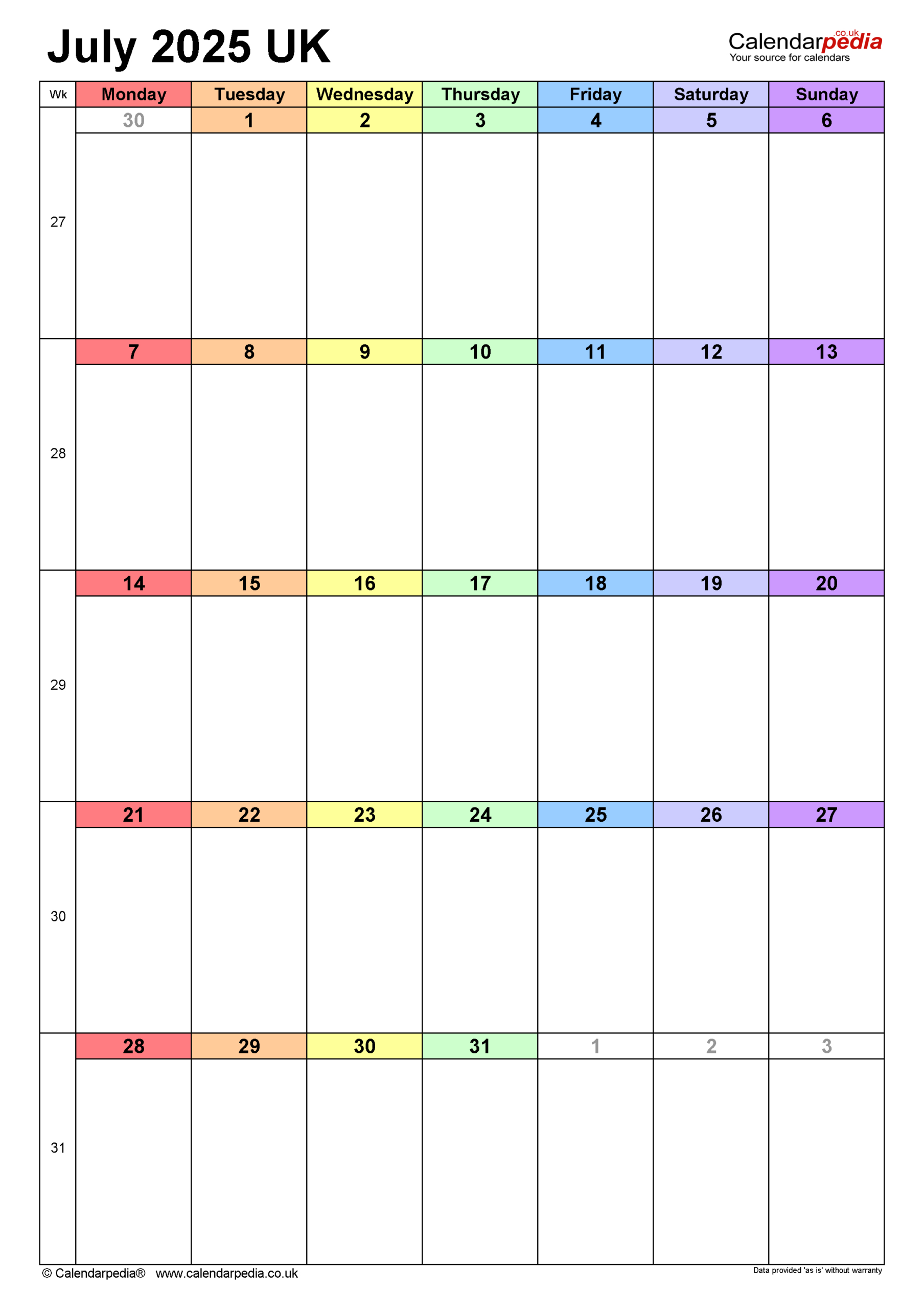 Calendar July 2025 Uk With Pdf, Excel And Word Templates intended for July 2025 Printable Calendar Win