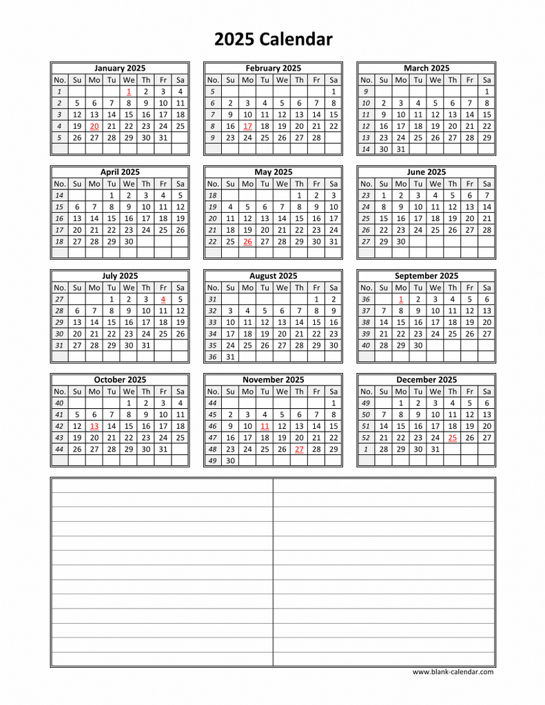 Download Blank Calendar 2025 With Space For Notes (12 Months On with regard to Printable Calendar 2025 One Page
