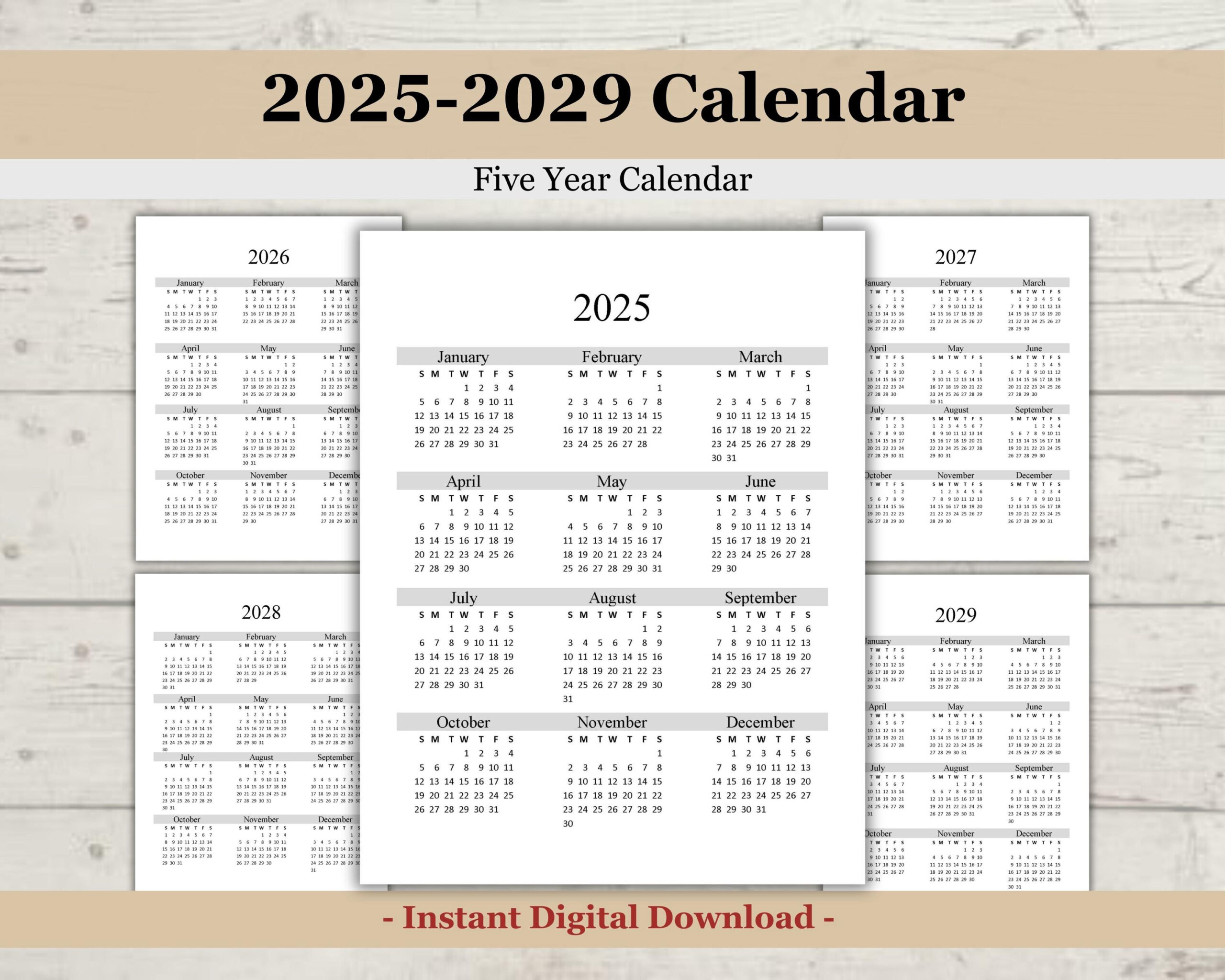 Druckbarer 2025 2029 5 Jahreskalender, 2025 Druckbarer Kalender regarding 5 Year Calendar 2025 To 2029 Printable