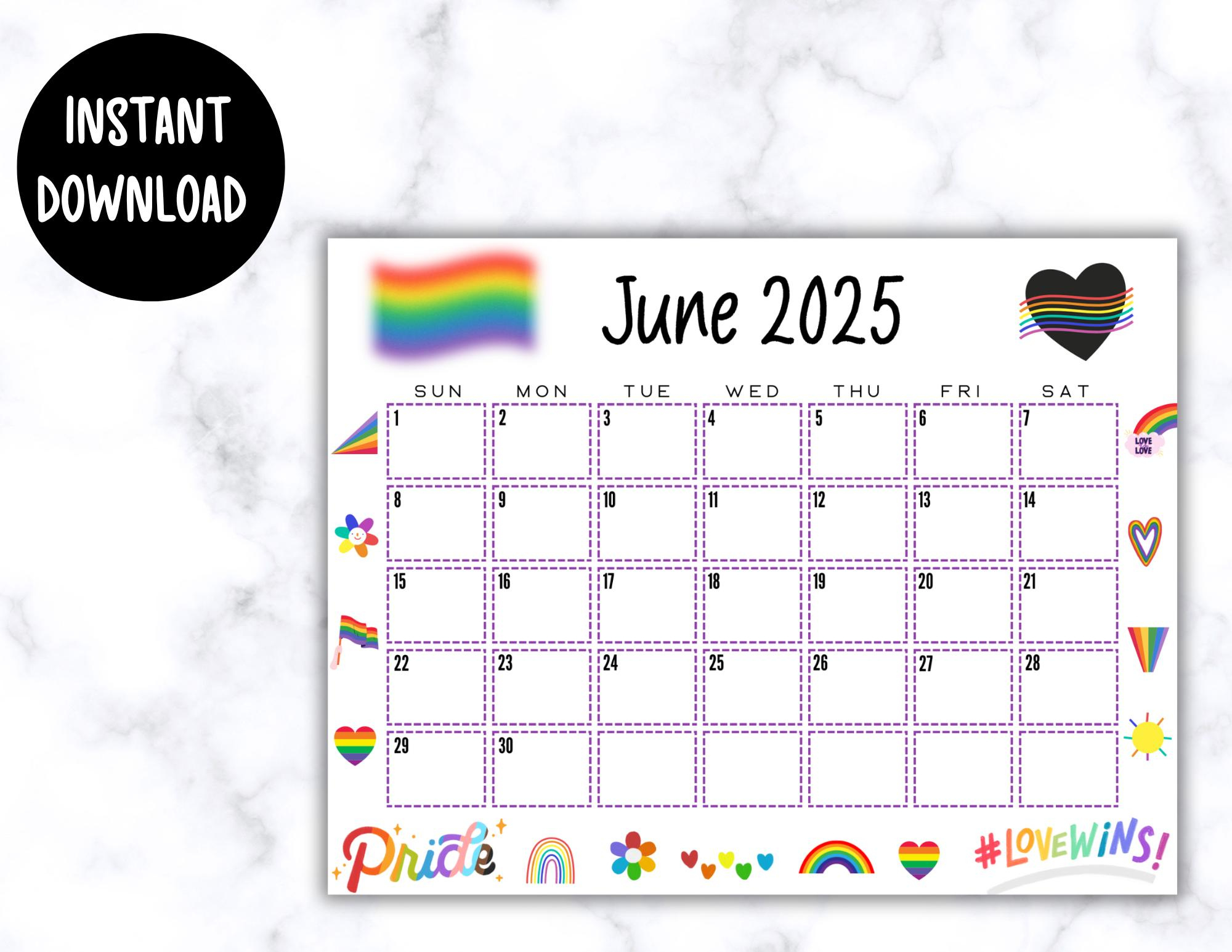 Editable June 2025 Calendar | Lgbtq+ Month Planner | Printable in July Pride Month Calendar 2025