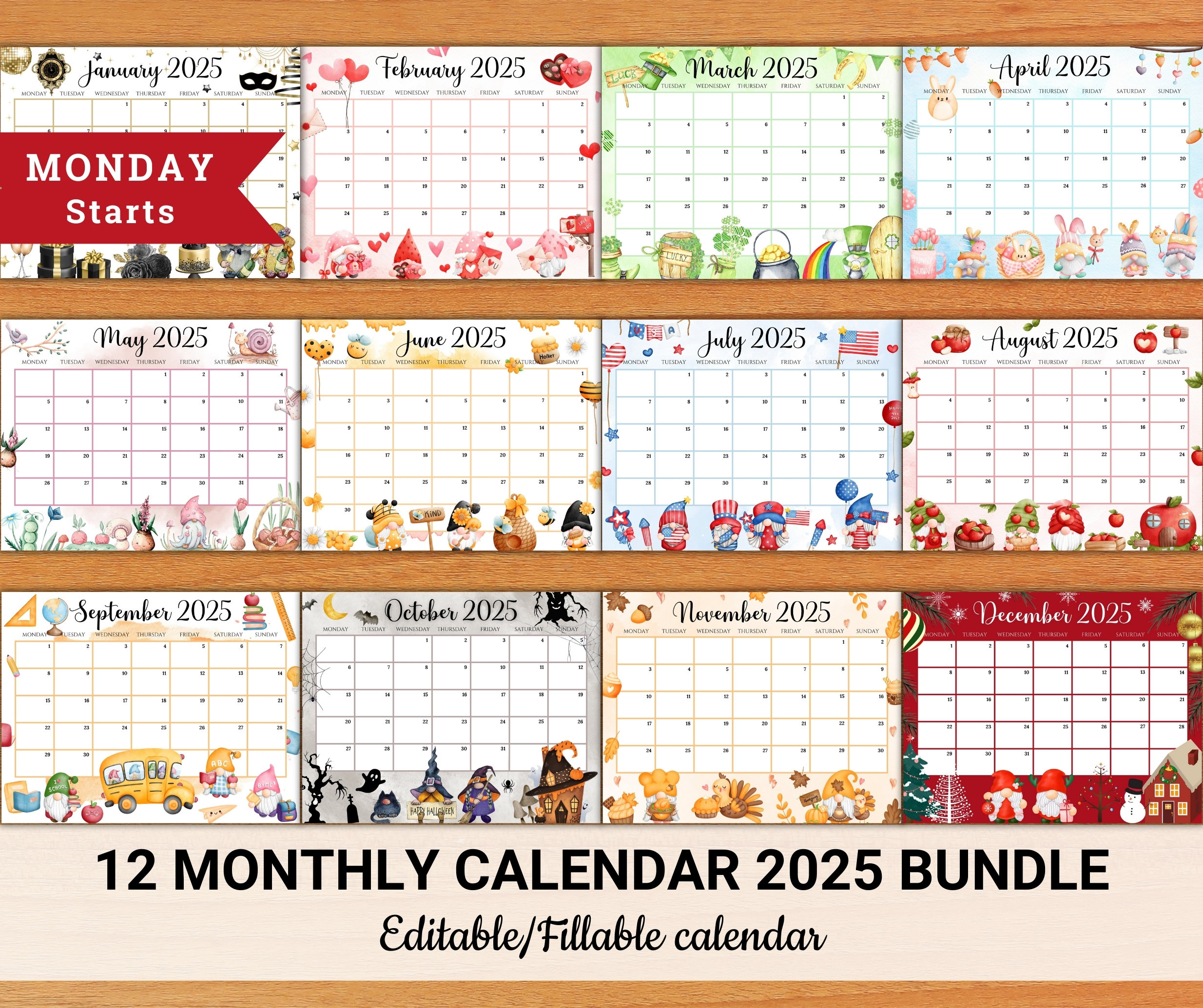 Editable Monthly Calendar 2025 Bundle (Monday Starts), Cute throughout Printable Calendar 2025 Etsy