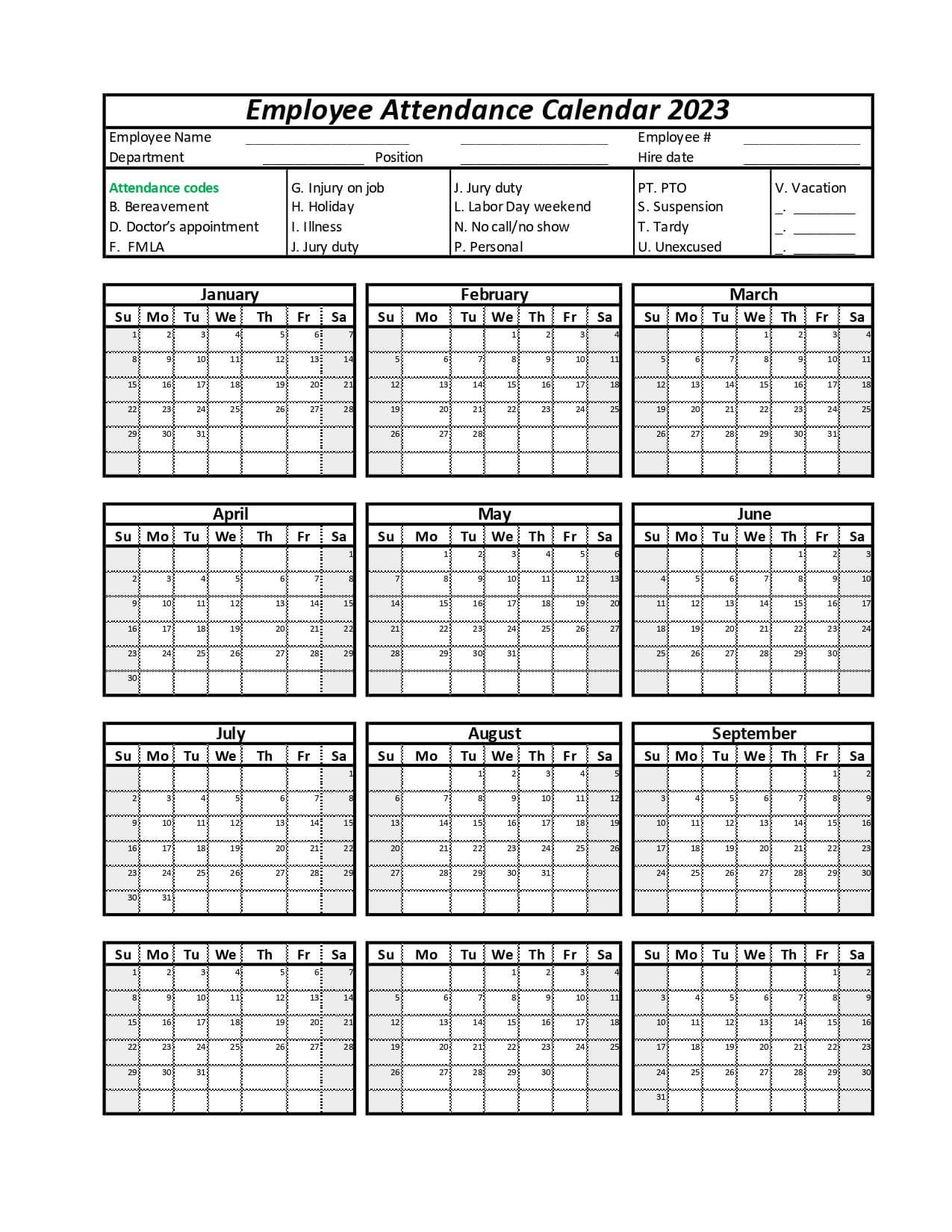 Employee Attendance Calendar within Free Printable Attendance Calendar 2025