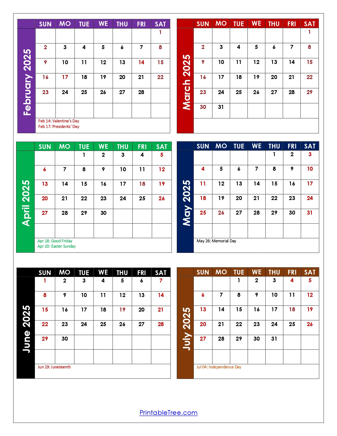 February To July 2025 Calendar Printable Pdf | Six Months Calendar intended for Calendar Feb July 2025