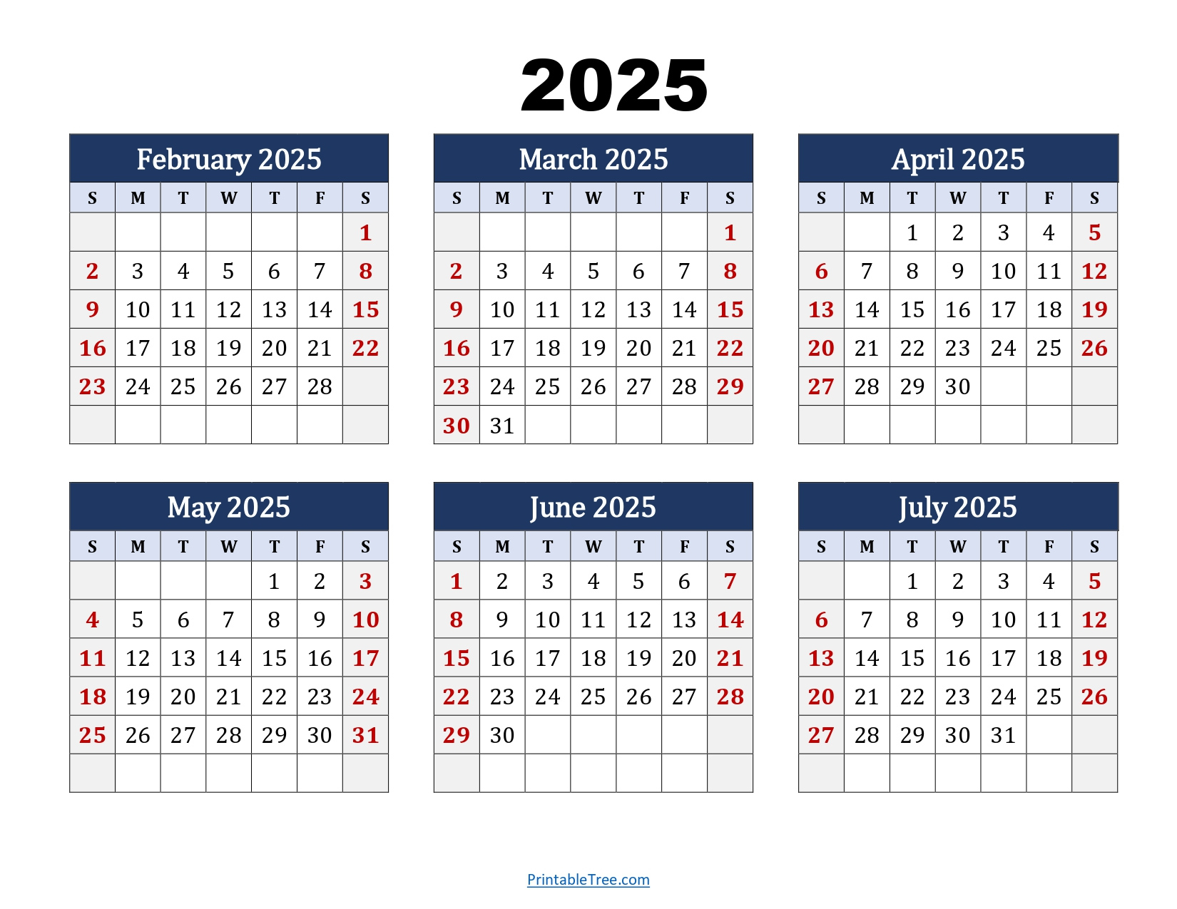 February To July 2025 Calendar Printable Pdf | Six Months Calendar with Feb July July 2025 Calendar