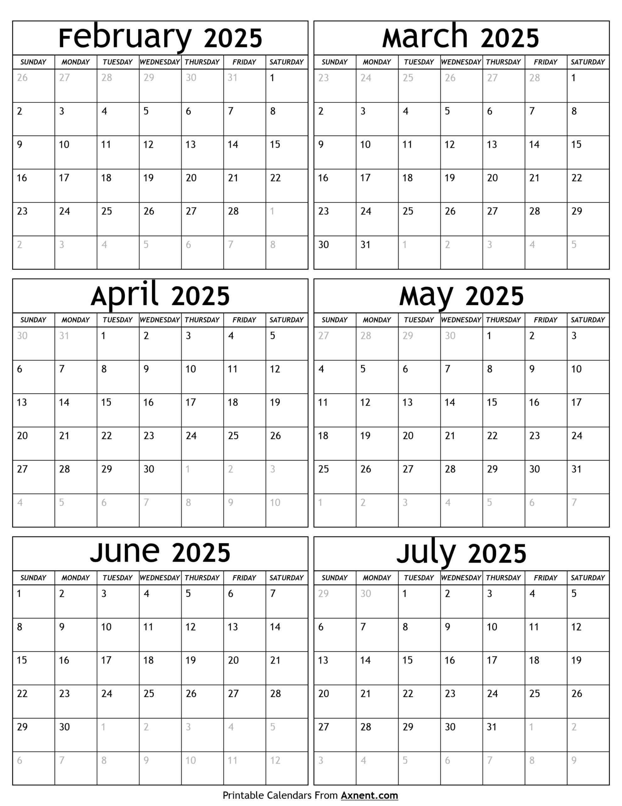 February To July 2025 Calendar Templates - Six Months in Calendar Feb July 2025